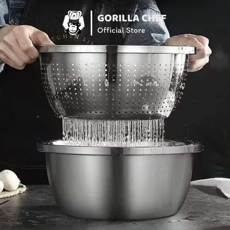 Bộ thau rổ inox sâu lòng 24-28cm Gorilla Chef dùng rửa rau củ quả, vo ...