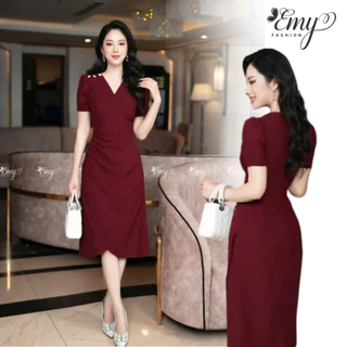Đầm Thiết Kế EMY Thời Trang Cao Cấp Trung Niên EM7046 Vải Cotton Tuyết, Nền Đỏ Đô Sang Chảnh Đi Tiệc