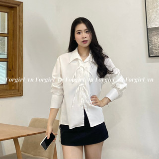 Áo sơ mi tay dài Forgirl sơ mi kiểu nữ buộc nơ cổ ve dáng rộng cá tính Giấy HDSD T124