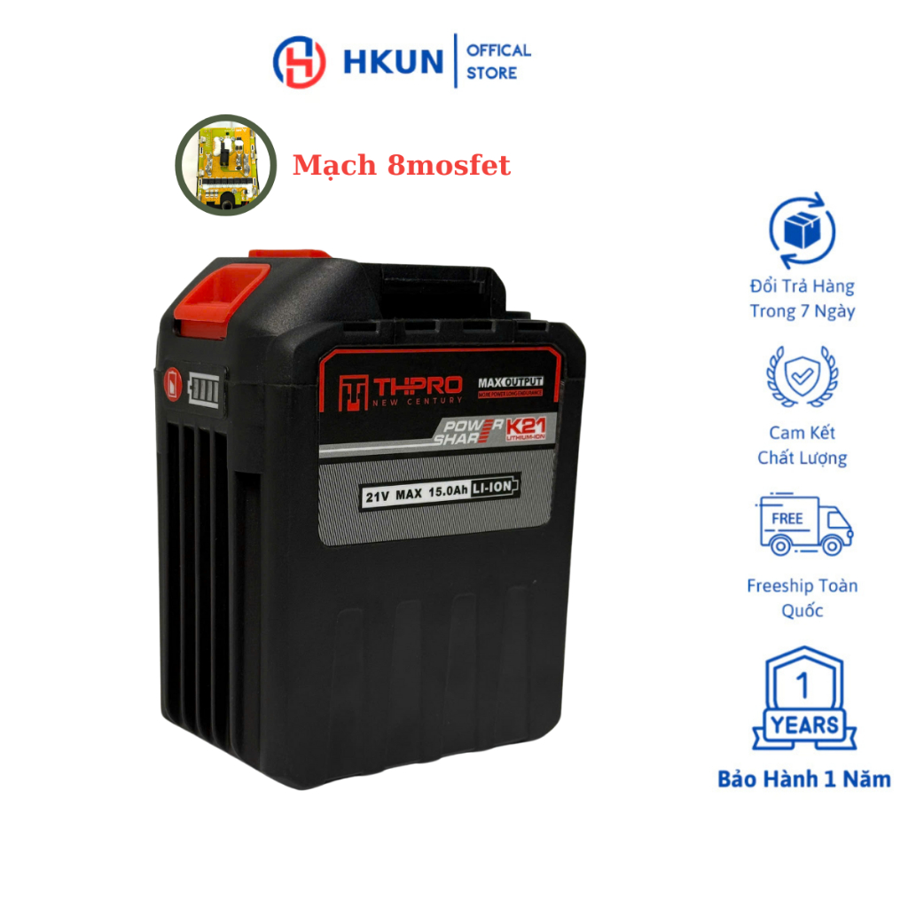 Pin 30 Cell THPRO 21v - 15Ah Dung Lượng Cao, Chân Pin Phổ Thông 4cm, Có Đèn Báo Pin