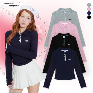 Áo polo dài tay MONÁ ôm dáng phối ren thêu logo Moná Girls  - NELLY VER TAY DÀI