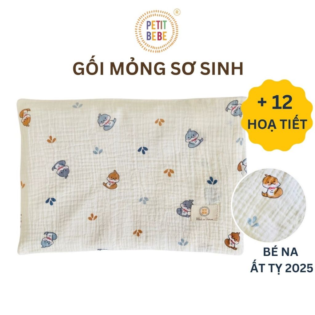 Ảnh Gối mỏng lót đầu bé sơ sinh Petit Bebe muslin thấm hút thoáng khí hoạ tiết đáng yêu 1