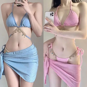 Set bộ đồ bơi bikini 3 chi tiết phối dây đính đá kèm khăn quấn eo phong cách hottrend HMBOUTI BKN10