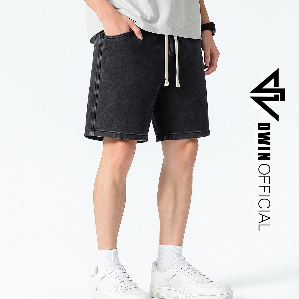 Ảnh Quần short jean cotton nam nữ DWIN đùi jean cotton wash form rộng basic unisex chống nhăn không xù 3