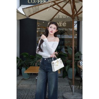 Áo tay dài Khiết Style trễ vai ôm body trắng kèm 2 hoa cài rời trẻ trung năng động KA104