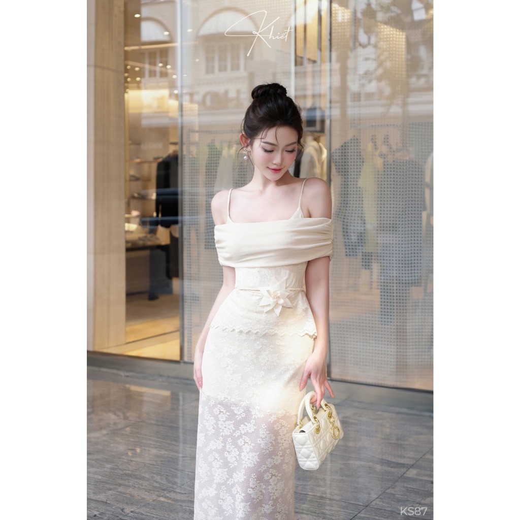 Set Khiết Style trễ vai ren hoa phối thun giấy phong cách thanh lịch KS87