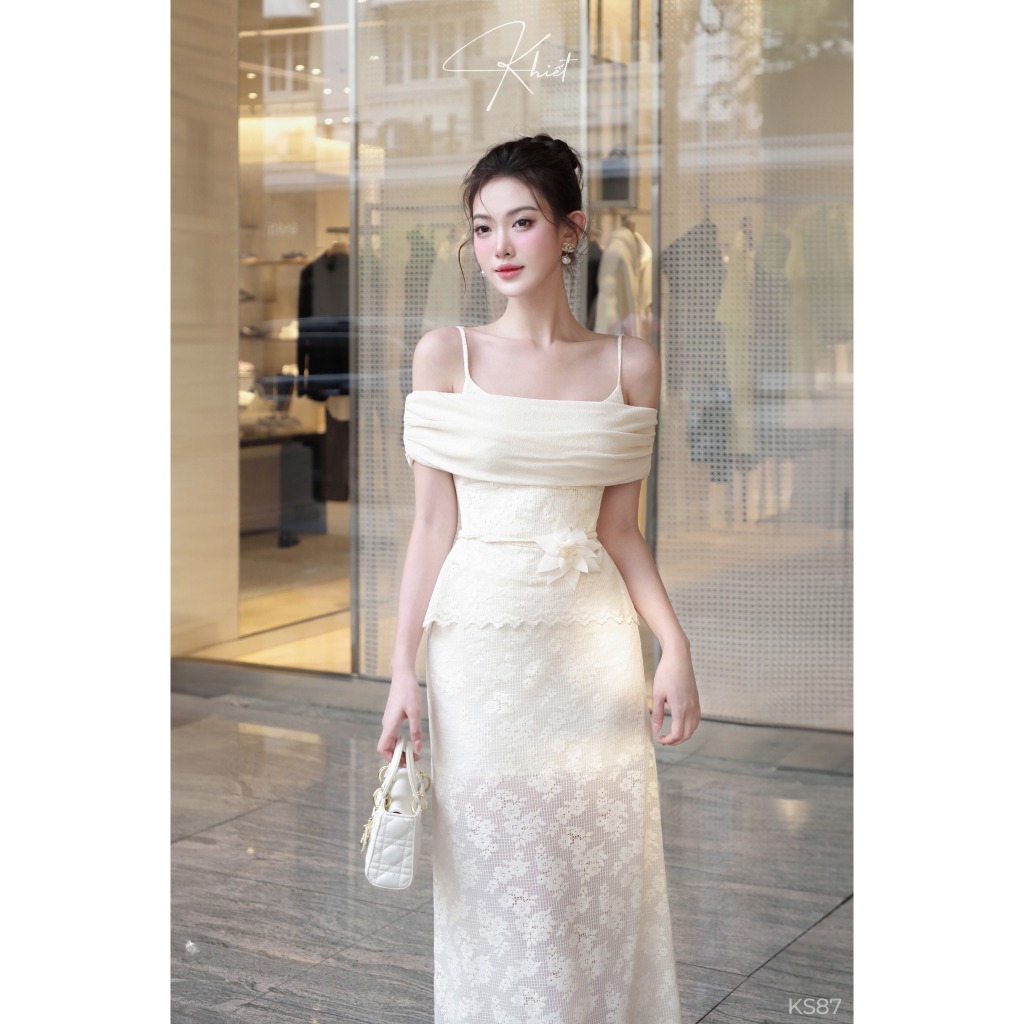 Set Khiết Style trễ vai ren hoa phối thun giấy phong cách thanh lịch KS87