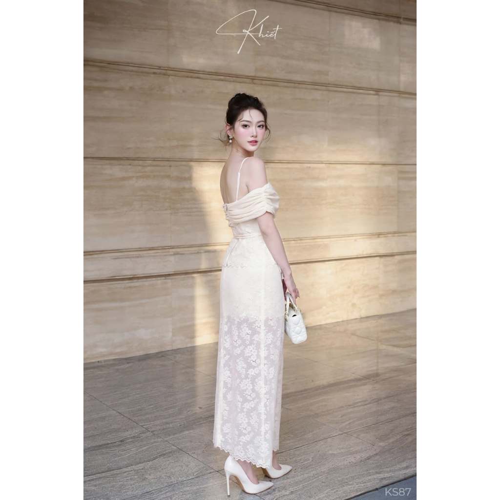 Set Khiết Style trễ vai ren hoa phối thun giấy phong cách thanh lịch KS87