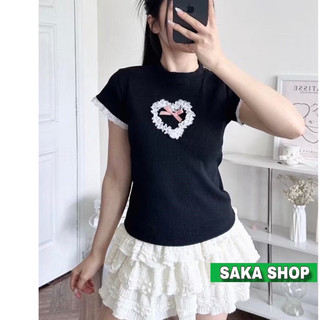 Áo thun tay ngắn nữ phối ren hình trái tim dễ thương