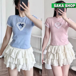 Áo thun tay ngắn nữ phối ren hình trái tim dễ thương