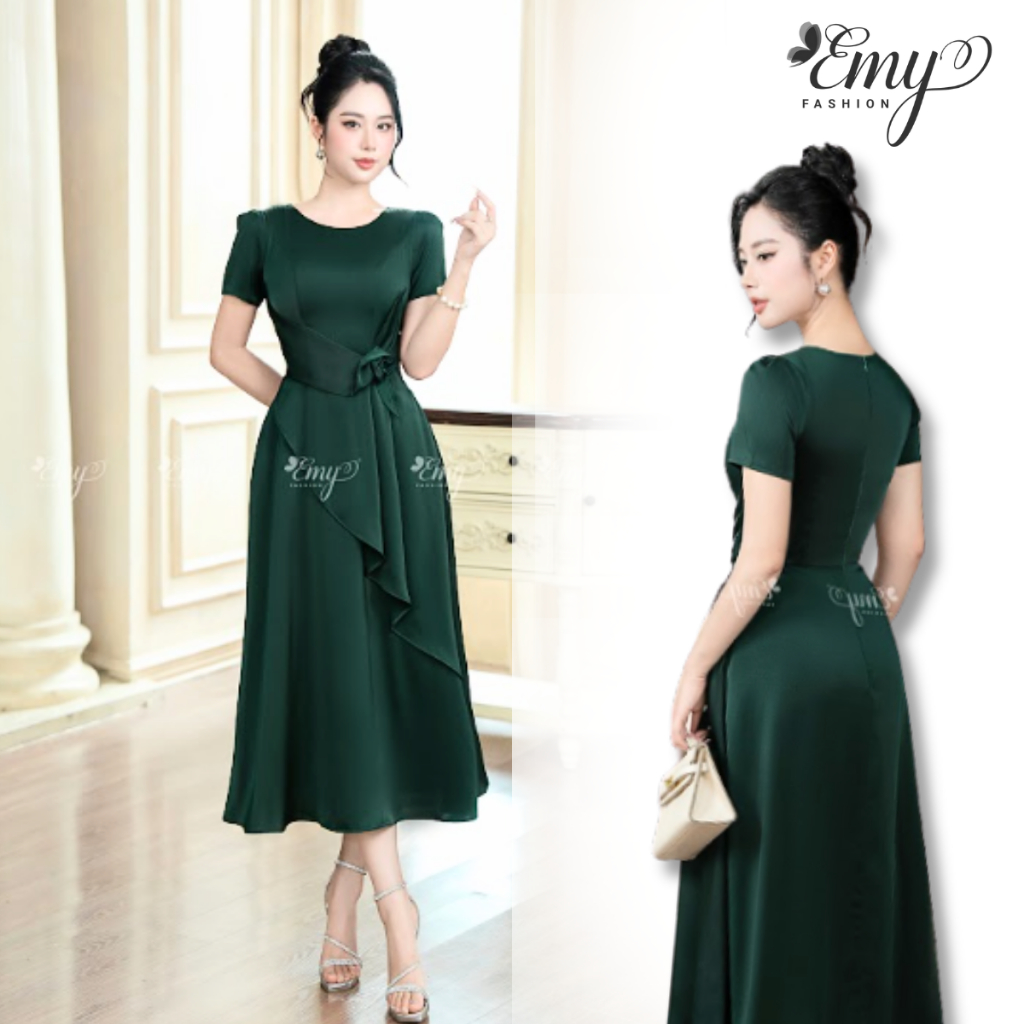 Ảnh Đầm Dự Tiệc EMY Thiết Kế Cao Cấp Trung Niên EM7520 Dáng Xoè Cổ Tròn Tay Ngắn Màu Đen Vải Mango Gân 1