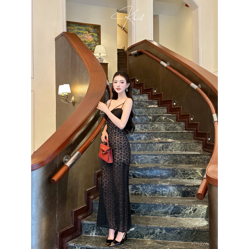 Đầm Khiết Fashion ôm 3 dây dáng dài ren hoa mai màu đen quyến rũ phong cách dự tiệc KD122A