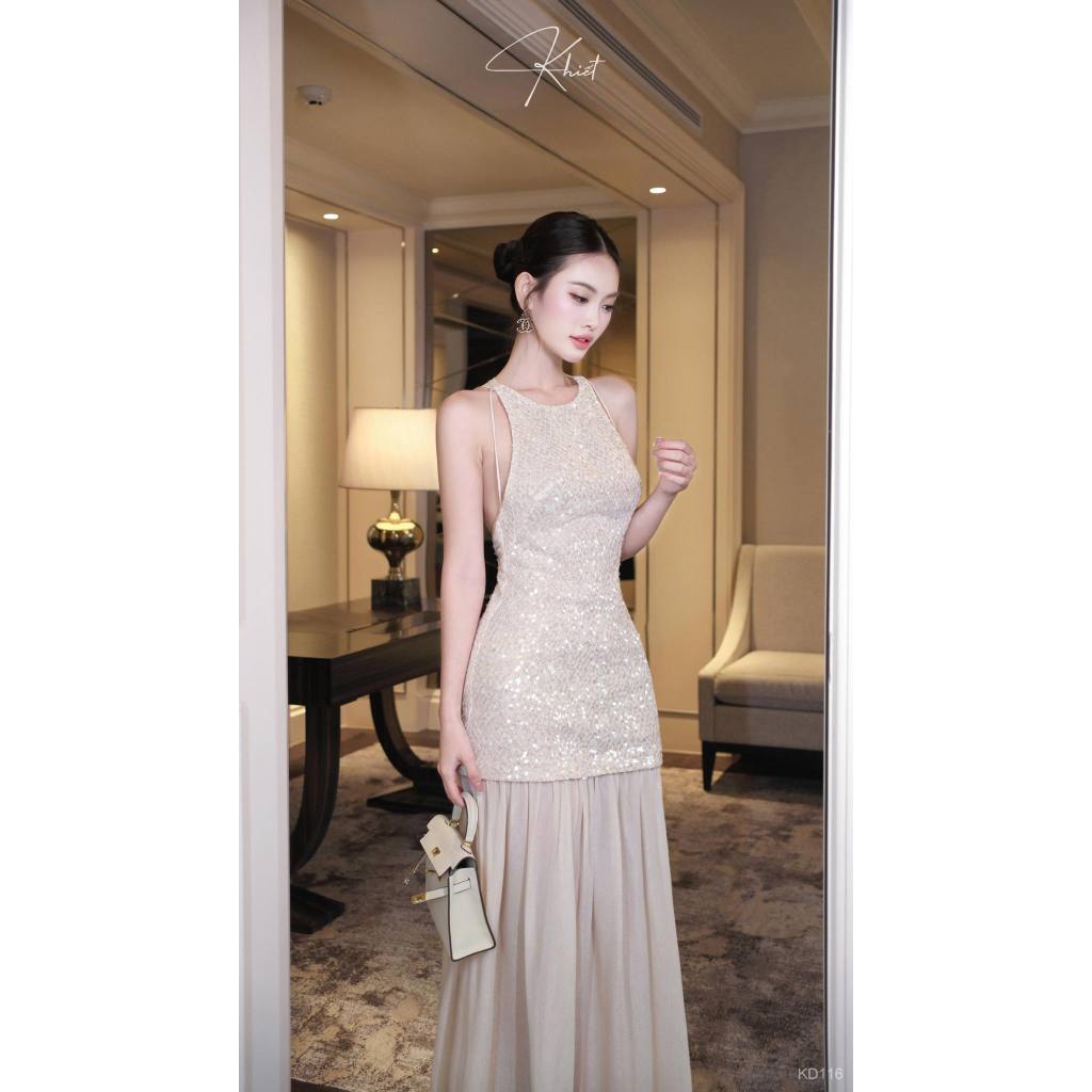 Đầm dài KHIẾT chất ren đính kim sa lấp lánh phối lụa tằm thướt tha, phong cách tiệc tùng sang trọng KD116 KD116A