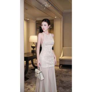 Đầm dài Khiết Style chất ren đính kim sa lấp lánh phối lụa tằm thướt tha, phong cách tiệc tùng sang trọng KD116 KD116A