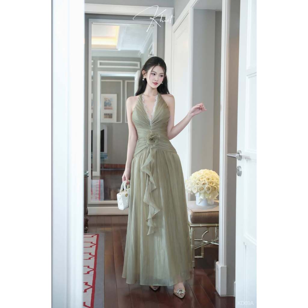 Đầm yếm tơ hàn phối ren Khiết gam màu xanh dáng dài đi tiệc KD69A