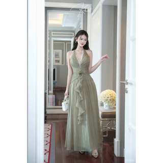 Đầm yếm tơ hàn phối ren Khiết Style gam màu xanh dáng dài đi tiệc KD69A