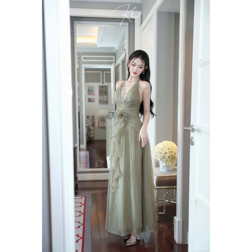 Đầm yếm tơ hàn phối ren Khiết gam màu xanh dáng dài đi tiệc KD69A