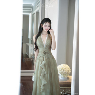 Đầm yếm tơ hàn phối ren Khiết Style gam màu xanh dáng dài đi tiệc KD69A
