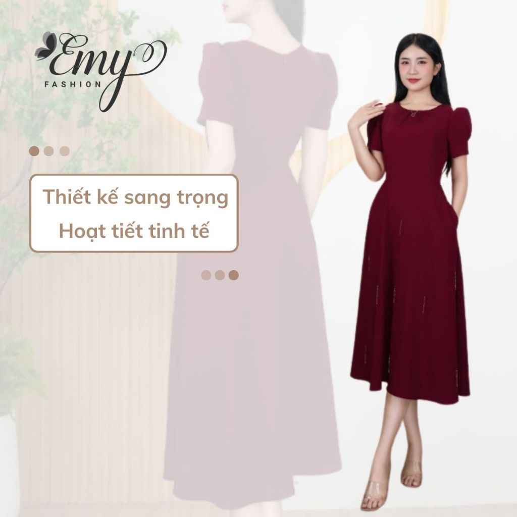 Ảnh Đầm Thiết Kế EMY Thời Trang Cao Cấp EM9464 Vải Karolan, Nền Đỏ Đô Sang Chảnh Đi Tiệc 4