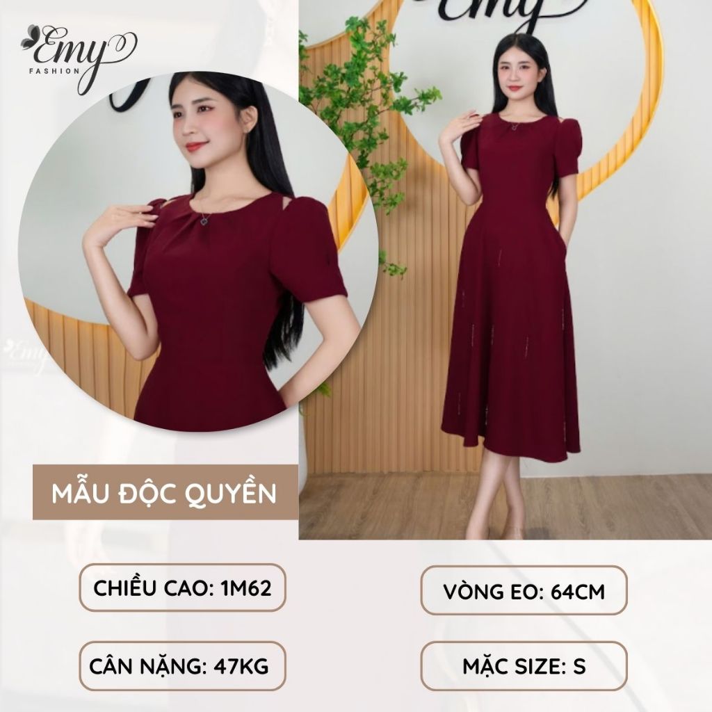 Ảnh Đầm Thiết Kế EMY Thời Trang Cao Cấp EM9464 Vải Karolan, Nền Đỏ Đô Sang Chảnh Đi Tiệc 1