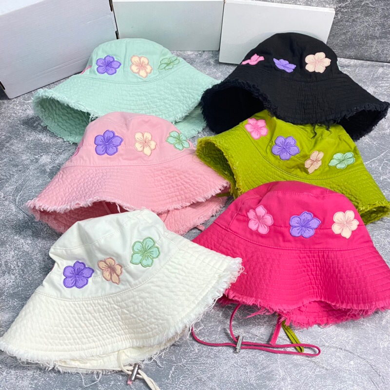 MŨ BUCKET KAKI MỀM XỊN — NÓN VÀNH TRÒN TUA RUA THÊU HOA KÈM THẮT NƠ Ở SAU CỰC XINH