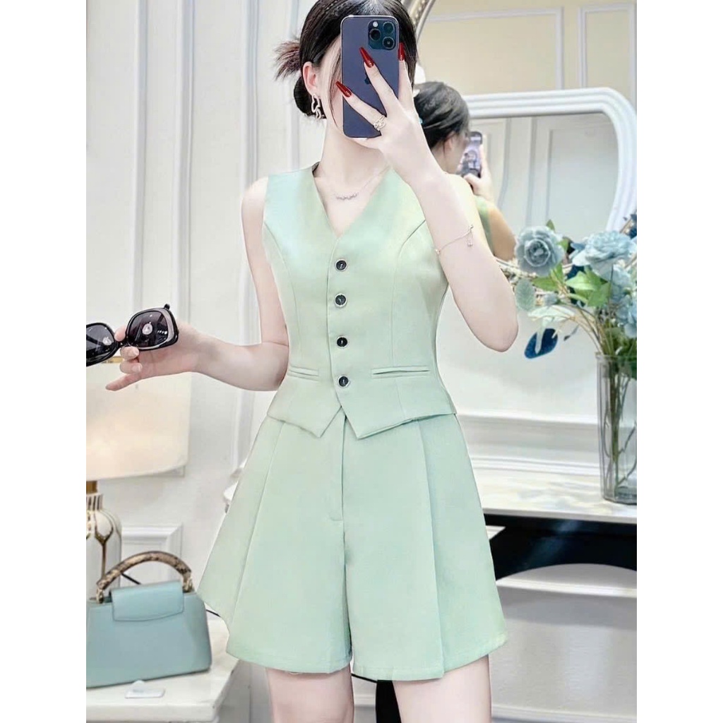 SET GILE Ngắn Cotton Lạnh Áo Cổ V Gài Nút ĐEN Full LÓT Lụa Thân Trước Lẫn Sau MỚI
