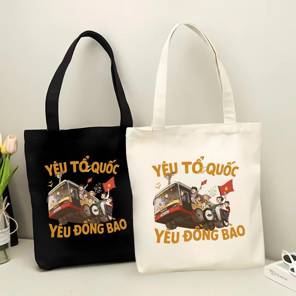 Túi Tote canvas TÔI YÊU TỔ QUỐC VỆT NAM túi vải đeo vai có khóa kéo phong cách thời trang đựng đồ đi học - chơi tota082