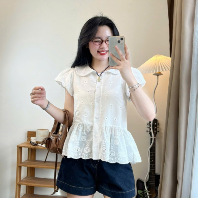 Áo Sơ Mi Babydoll Joolate Chất Thô Boil Cổ Sen Tay Bồng Ulzzang Xinh Xắn