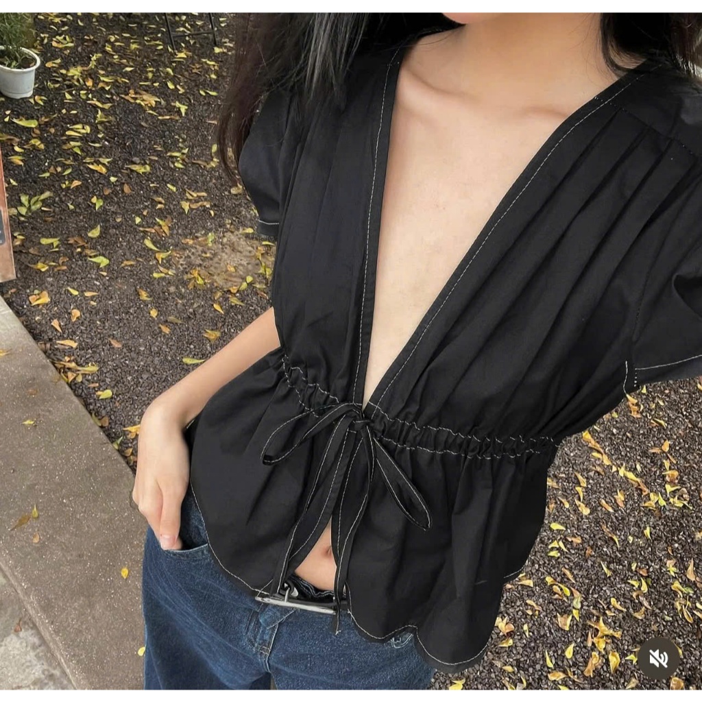 Áo Babydoll Cổ V Cộc Tay, Áo Sơ Mi Kiểu Croptop Buộc Dây Chiết Eo Có Chun SAN Clothings - P119