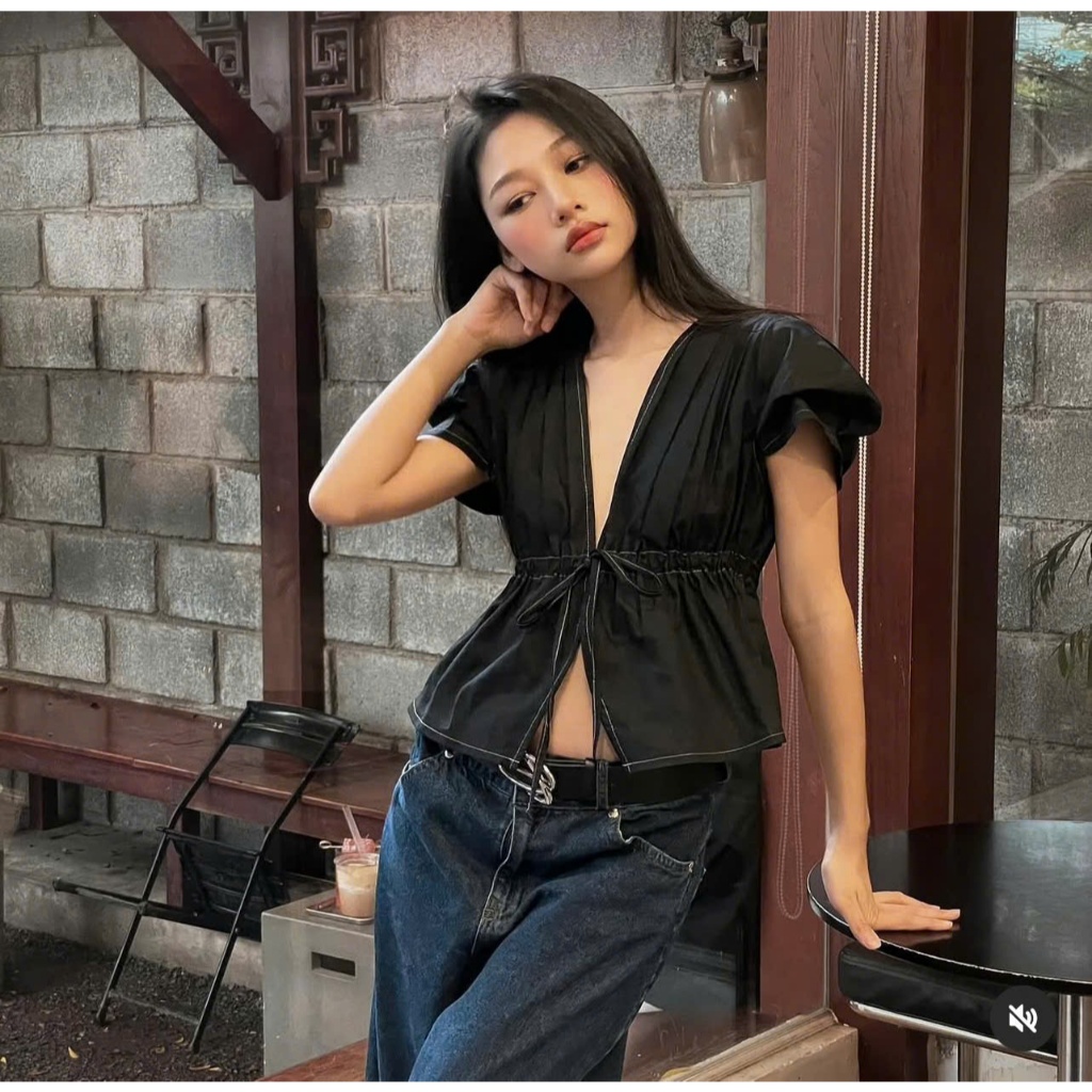 Áo Babydoll Cổ V Cộc Tay, Áo Sơ Mi Kiểu Croptop Buộc Dây Chiết Eo Có Chun SAN Clothings - P119