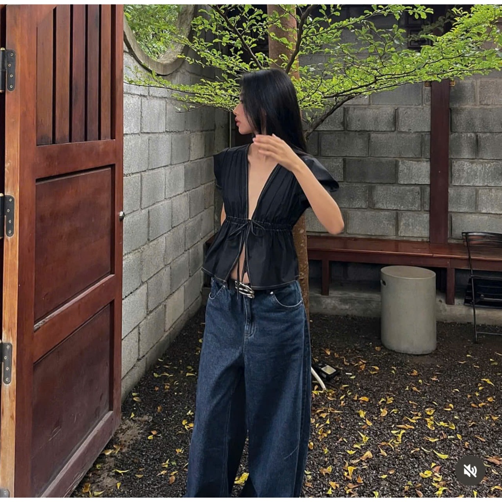 Áo Babydoll Cổ V Cộc Tay, Áo Sơ Mi Kiểu Croptop Buộc Dây Chiết Eo Có Chun SAN Clothings - P119