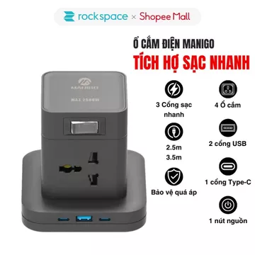 Ổ Cắm điện thông minh kéo dài dạng tháp Manigo sạc nhanh 20w 4 ổ 1 cổng USB 2 TypeC dây cắm dài 2.5m