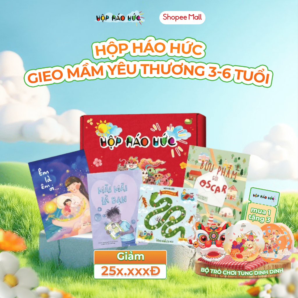 Ảnh Hộp Háo Hức Gieo mầm yêu thương dành cho bé 6-10 tuổi gồm 3 cuốn sách và 1 bộ trò chơi thú vị 1