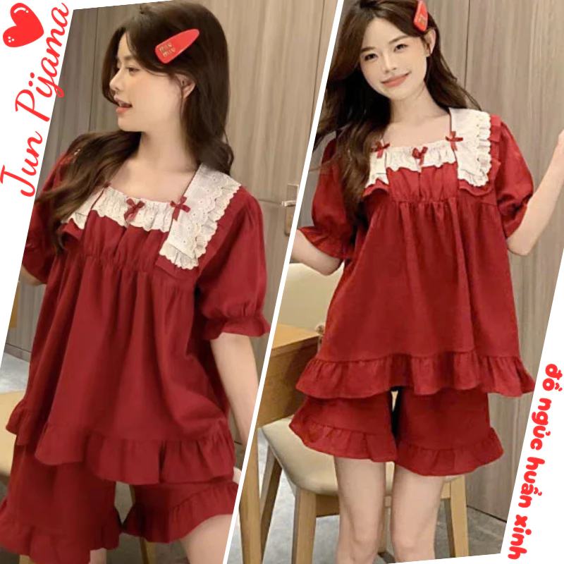 Set đồ ngủ nữ cổ vuông ren bèo nhún tay ngắn, bộ pijama nữ mặc nhà cotton mềm mại thoáng mát màu đỏ hcom25419