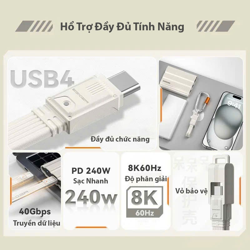 Dây cáp sạc nhanh type C - Truyền dữ liệu tốc độ cao 40Gbps - USB4 - hãng EGIOZR 240W - hình ảnh 8K – Dài 14cm
