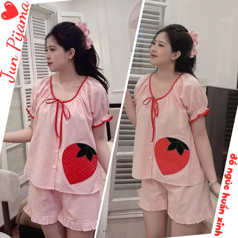 Set đồ ngủ nữ kẻ sọc hồng hình dâu tây tay ngắn viền đỏ dễ thương, bộ pijama nữ mặc nhà cute chất liệu mềm HCOM25159