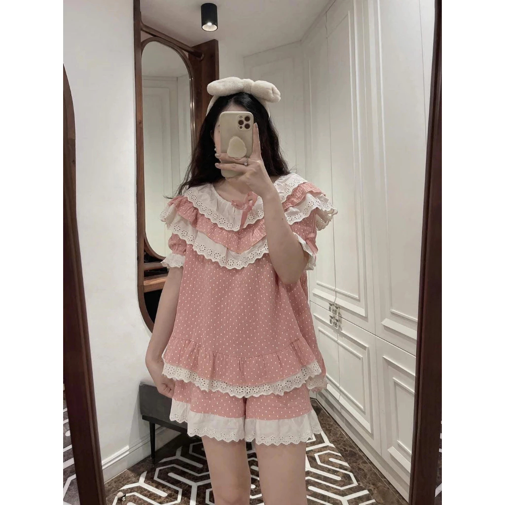 Set đồ ngủ nữ tay ngắn bèo nhún viền ren họa tiết chấm bi, bộ pijama nữ mặc nhà màu hồng xinh xắn thoáng mát hcom25149