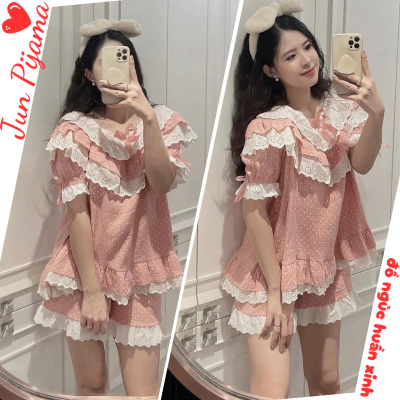 Set đồ ngủ nữ tay ngắn bèo nhún viền ren họa tiết chấm bi, bộ pijama nữ mặc nhà màu hồng xinh xắn thoáng mát hcom25149