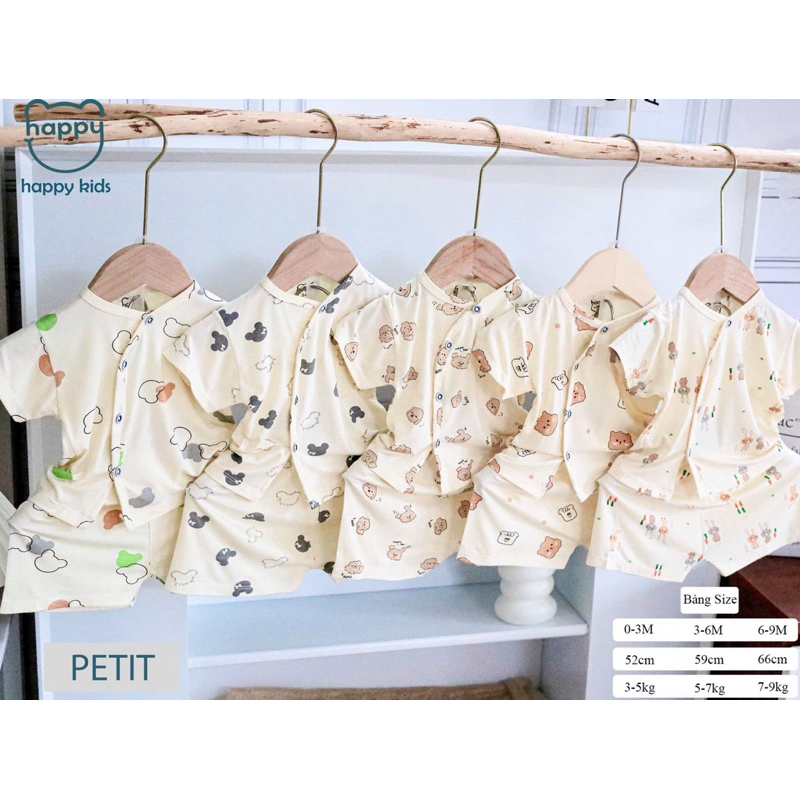 (LPCT 18) Bộ cộc tay HAPPY KIDS cúc chéo chất Peptit Qc cho bé sơ sinh trai gái 0-9kg