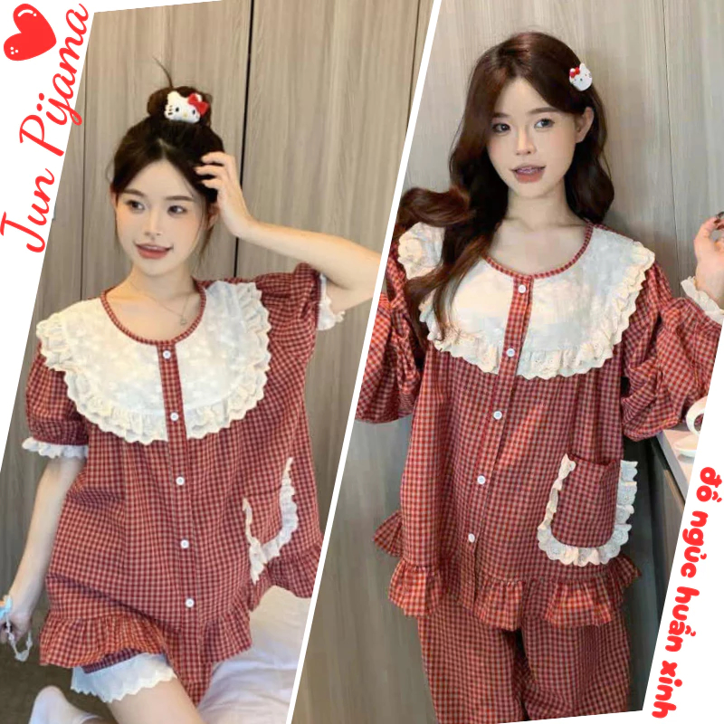 Set đồ ngủ nữ kẻ caro đỏ cổ ren bèo nhún tay ngắn viền ren, bộ pijama nữ mặc nhà dễ thương thoải mái HCOM25469