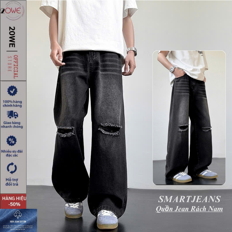 Quần jean rách đen nam R02 ống rộng mầu đen xám smoke chất jean bò ...