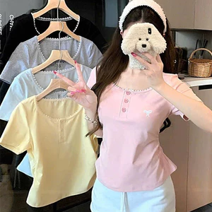 Áo thun cộc tay phối ren, áo babytee in nơ cổ tròn cách điệu phong cách nhẹ nhàng Đại Lục N06