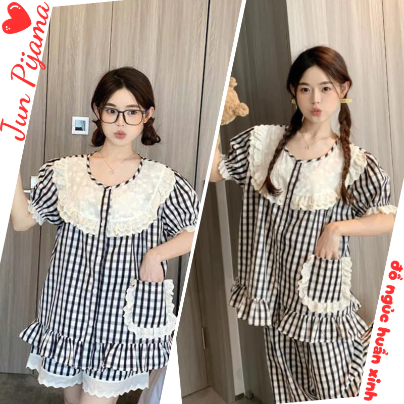 Set đồ ngủ nữ kẻ sọc đen trắng cổ tròn ren bèo nhún tay phồng, bộ pijama nữ mặc nhà tay ngắn xinh xắn HCOM25467