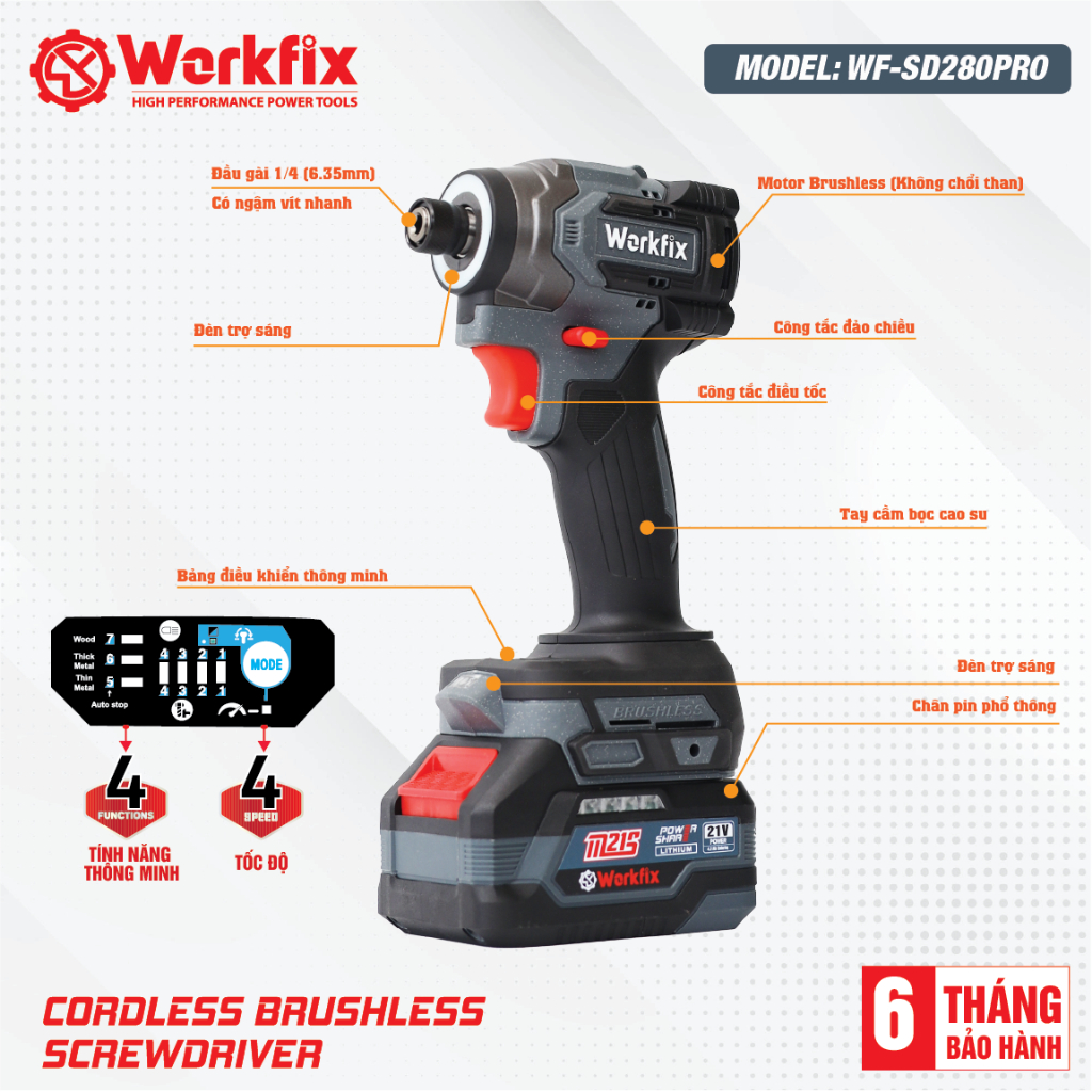 Máy Vặn Vít Đa Năng Workfix WF-SD280PRO – Siết Vít Gỗ, Thép, Nội Thất Đầu 1/4 Gài Nhanh, Đèn LED, Motor Không Chổi Than