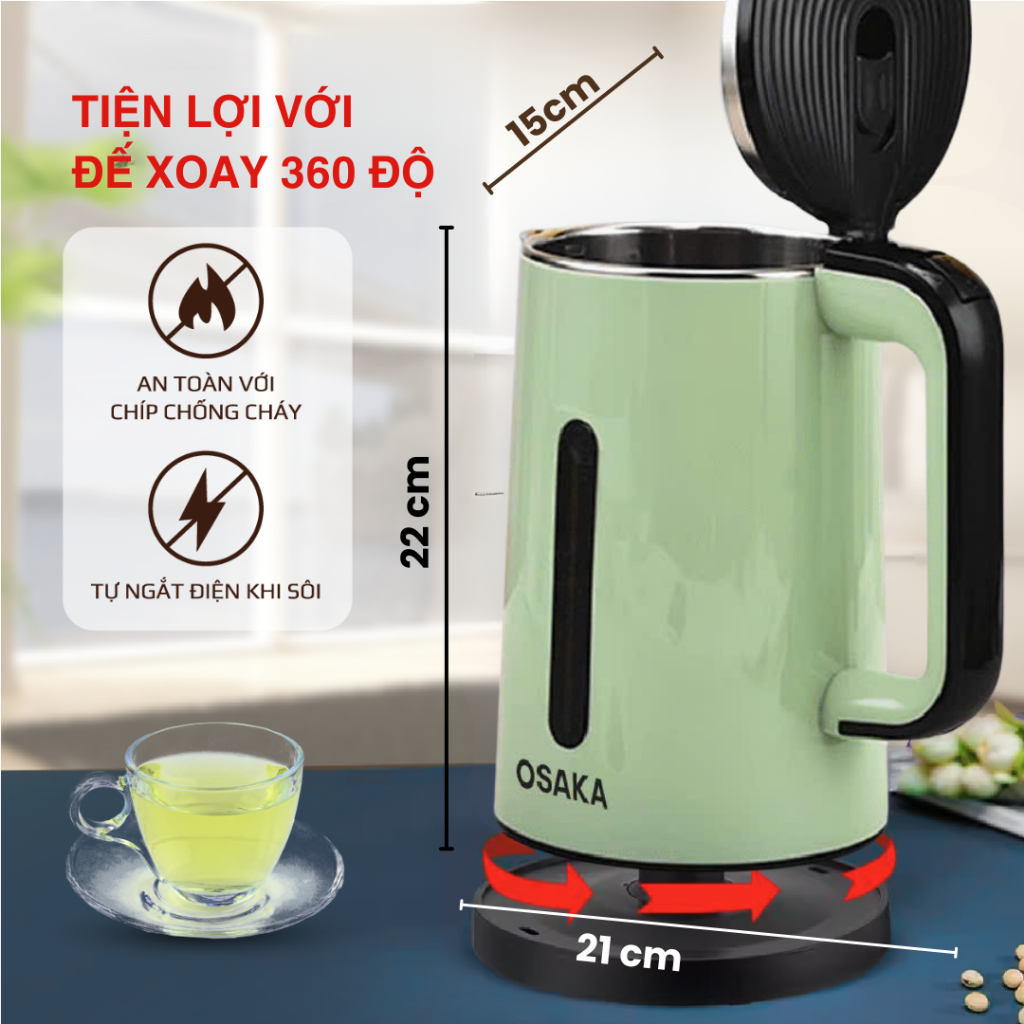 Ấm Đun Nước Siêu Tốc Dung Tích 1.8L, Công Suất 1500W - Inox 304 Cách Nhiệt 3 Lớp - OSAKA KT-1818