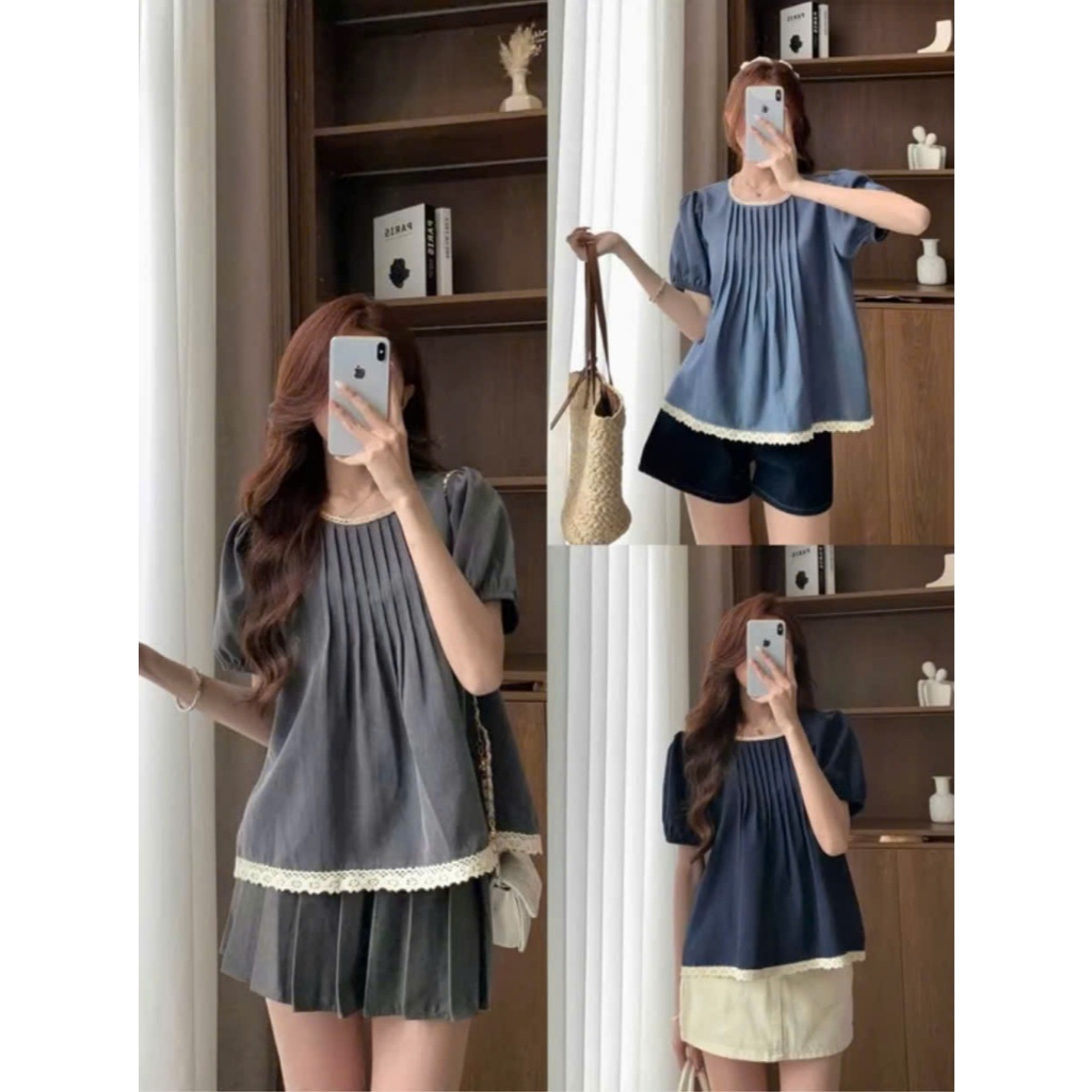 Áo babydoll tay bồng cổ phối viền, xếp ly ngực điệu đà TAM A60