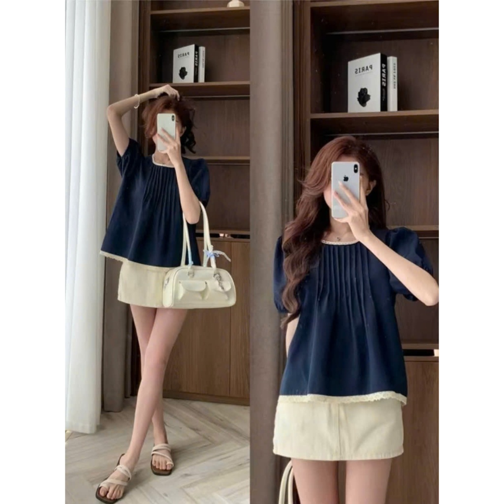 Áo babydoll tay bồng cổ phối viền, xếp ly ngực điệu đà TAM A60
