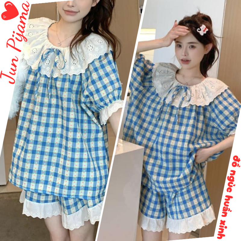 Set đồ ngủ nữ cao cấp kẻ caro màu xanh dáng rộng cổ sen ren dễ thương, bộ pijama nữ mặc nhà tay ngắn cực xinh HCOM25474