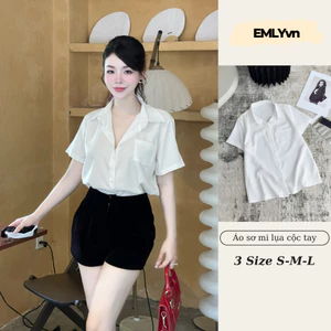 EMLY - Áo Sơ Mi Nữ Cộc Tay Lụa Trắng HIỀN HỒ , Áo Sơ Mi Trắng Trơn Cộc Tay Có Túi (KHÔNG BỊ NHĂN )