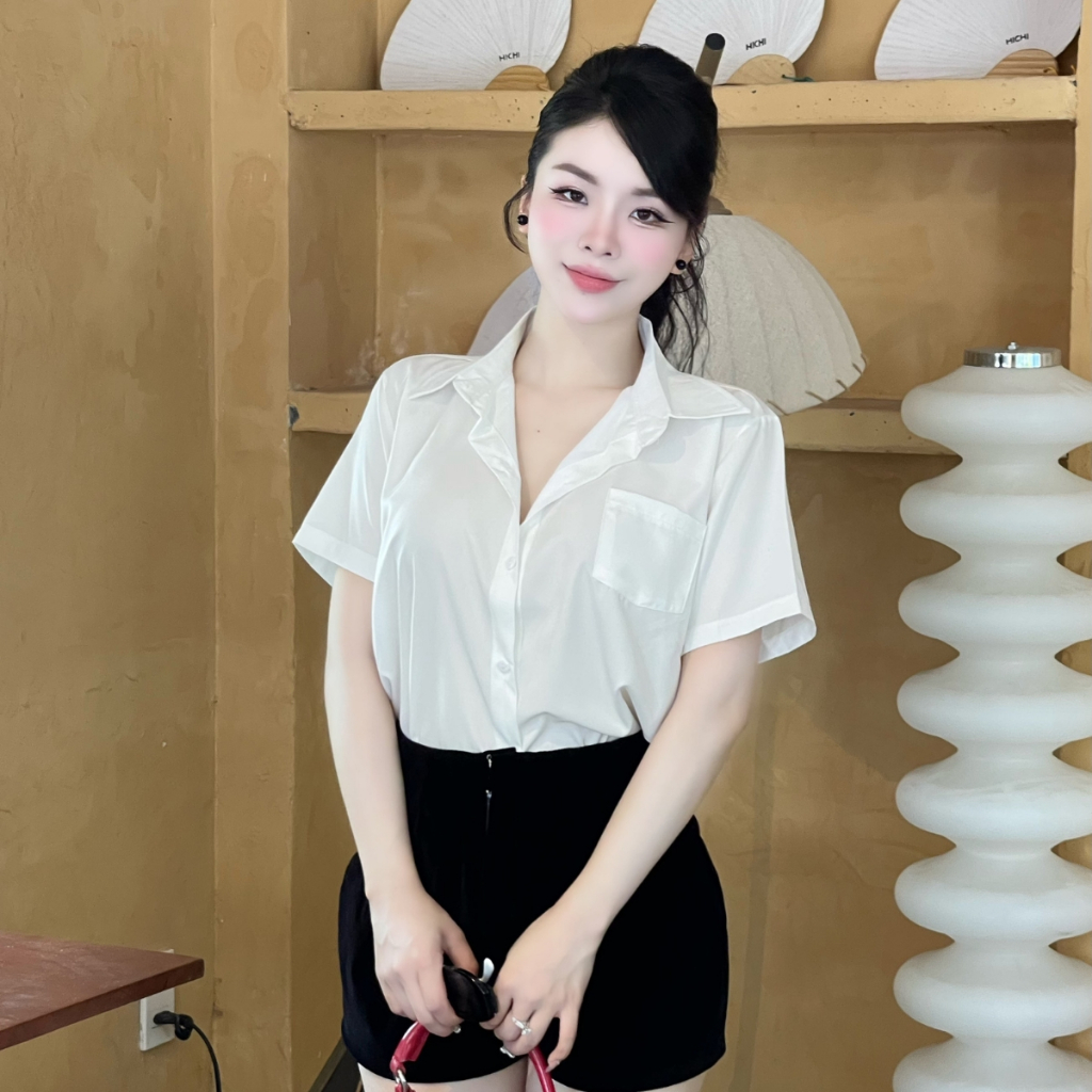 EMLY -  Áo Sơ Mi Nữ Cộc Tay Lụa Trắng HIỀN HỒ , Áo Sơ Mi Trắng Trơn Cộc Tay Có Túi (KHÔNG BỊ NHĂN )